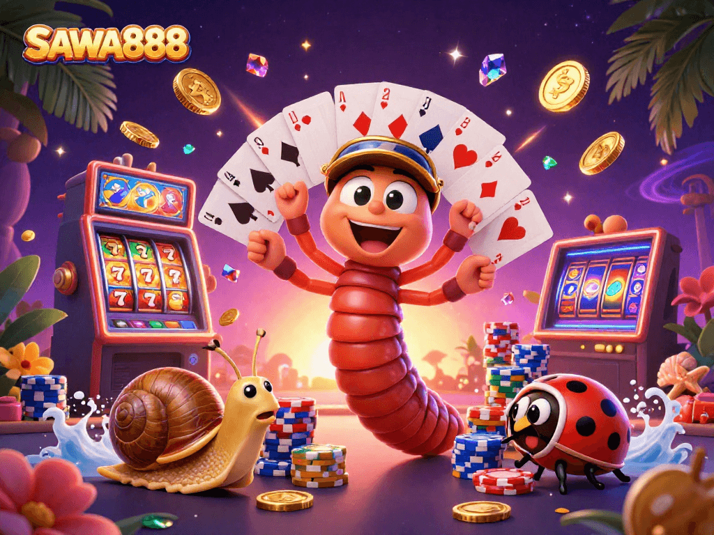 Experience thrilling gameplay with SAWA888's vibrant casino scene showcasing a millipede dealer and exciting slot machines.