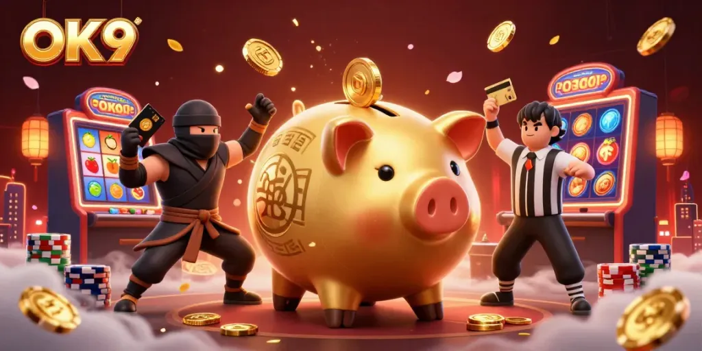 Spin jackpots and win with OK9's casino excitement featuring a golden piggy bank, ninja, and samurai.