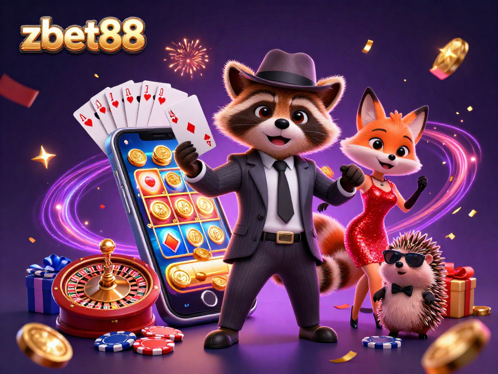 Experience the excitement of zbet88 with a raccoon holding a winning royal flush amidst casino games.
