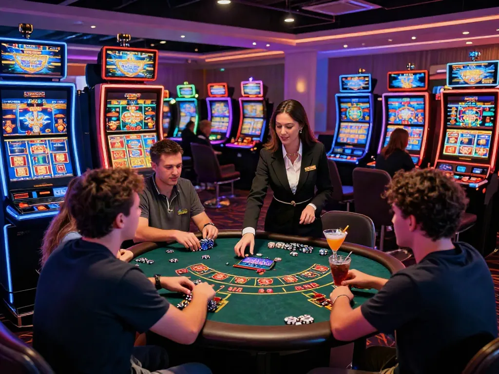 Exciting casino gaming at https://nbet.page/ with vibrant atmosphere, players engaging around tables.
