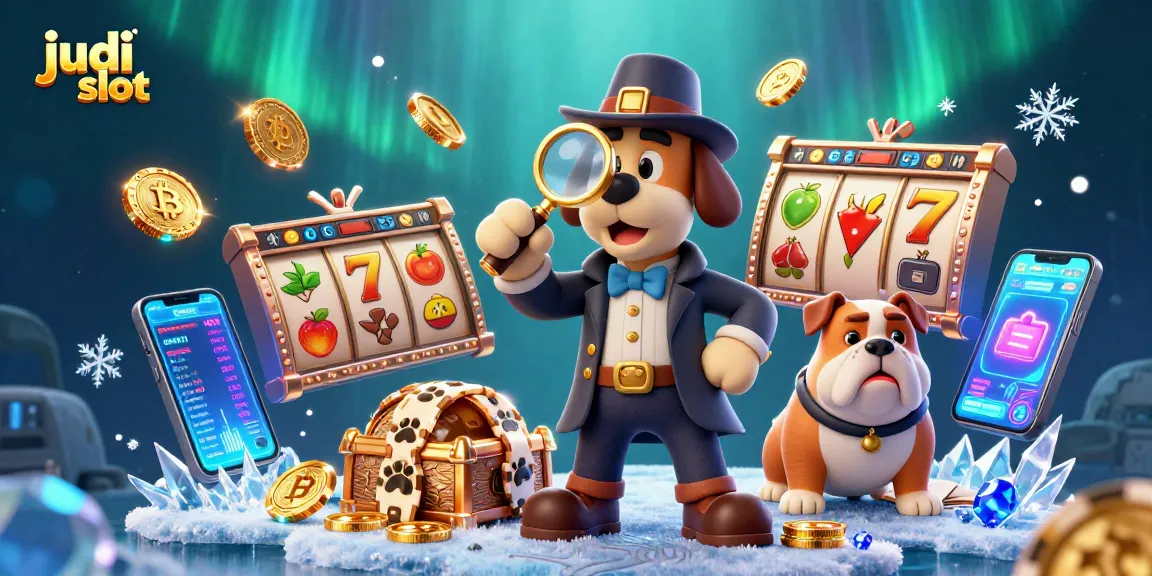 Experience thrilling judi slot gameplay with detective elements in a vibrant casino scene.
