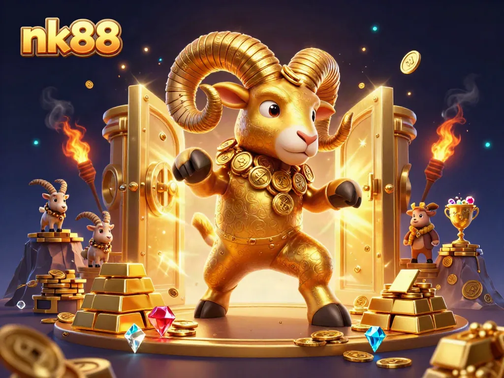 Bet big and win with nk88, featuring a golden ram and treasure-filled casino ambiance.