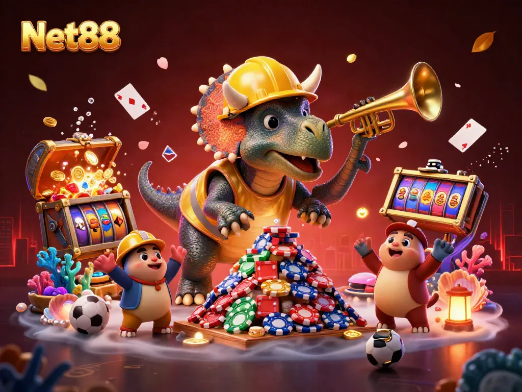 Engage in exciting betting strategies with Net88, featuring dynamic characters and colorful casino elements.