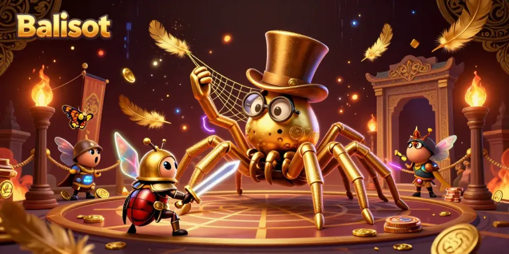 Balislot showcases a dynamic scene with a giant golden tarantula weaving golden threads in a casino setting.