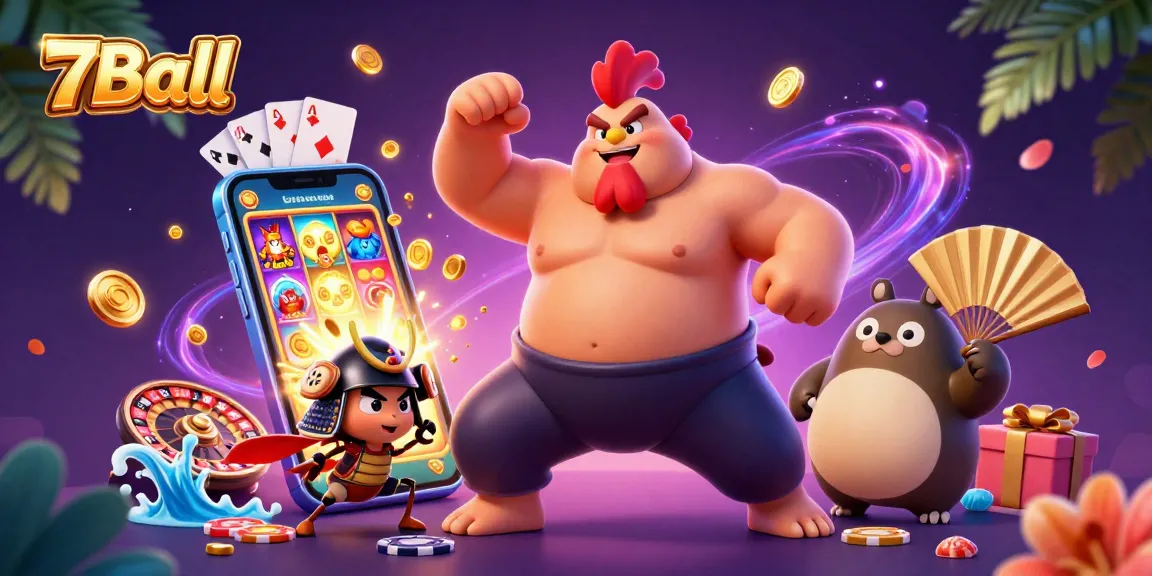 Experience thrilling gaming with 7Ball's vibrant slots, featuring colorful illustrations and dynamic elements.