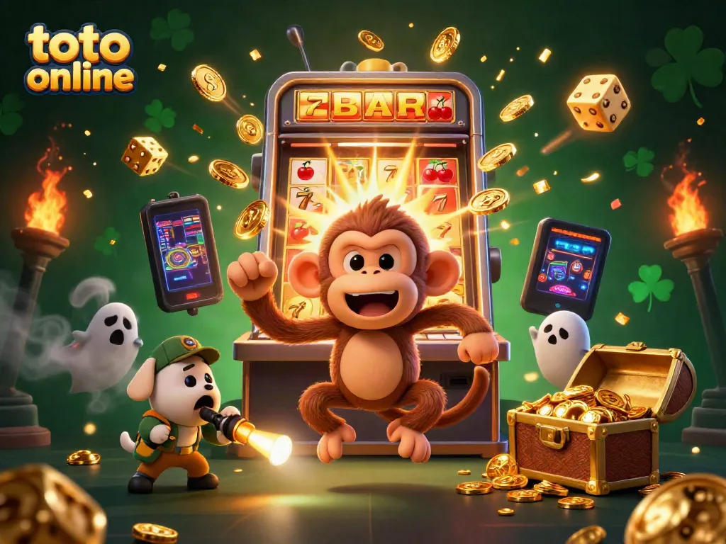 Experience thrilling toto online gaming with juggled coins and a ghost-hunter puppy in a vibrant casino.