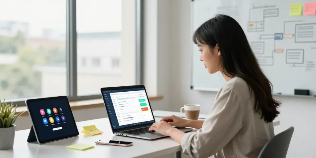 Digital workspace for instant indexing strategies with tools and notes.
