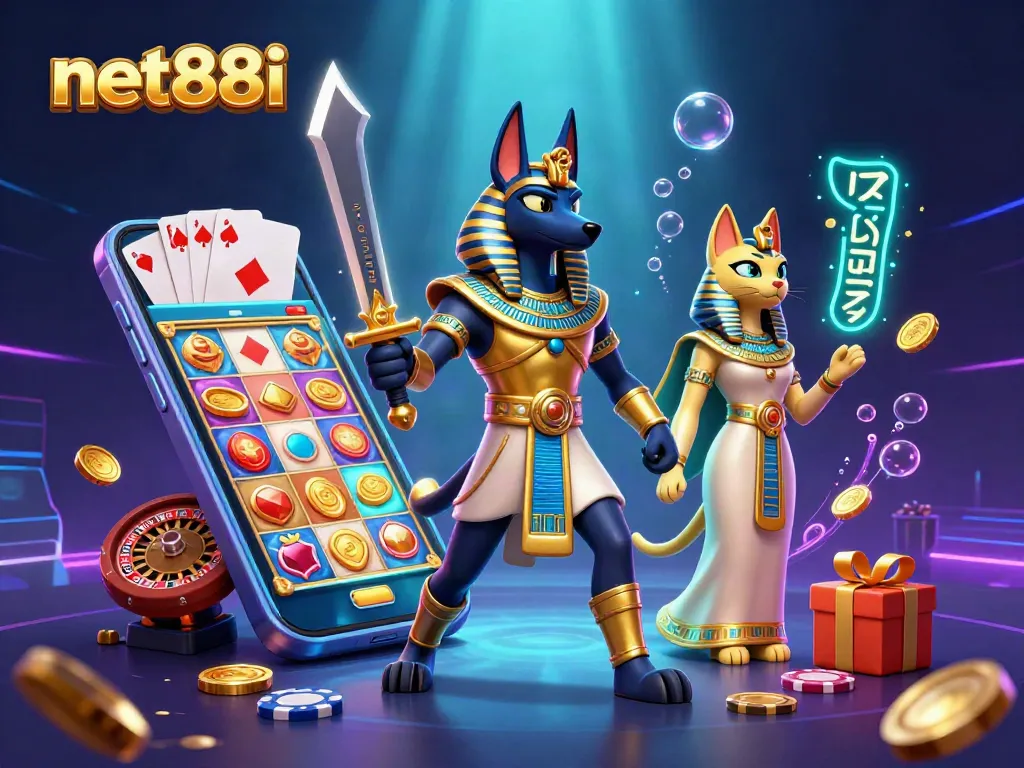 Experience the thrill of gambling at net88i with vibrant 3D characters, slot games, and glowing treasures.