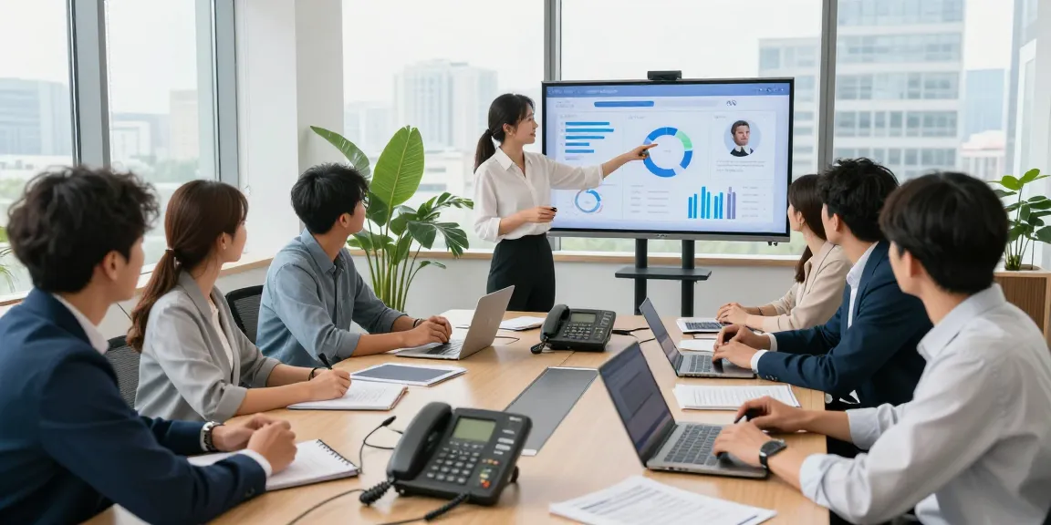 Team collaborating using office phone systems for effective communication in a bright conference room.