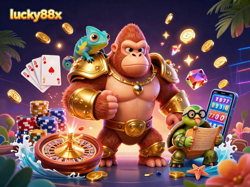 Experience thrilling gambling action with lucky88x in a vibrant, colorful casino illustration including unique characters.