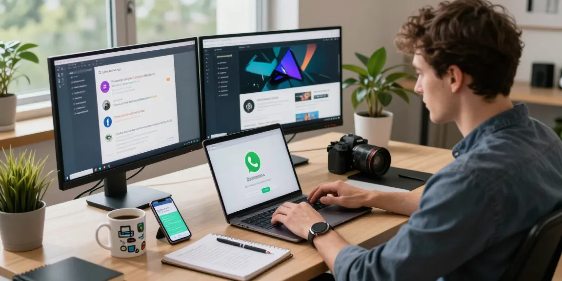 Person confidently downloading WhatsApp on a laptop in a modern workspace.