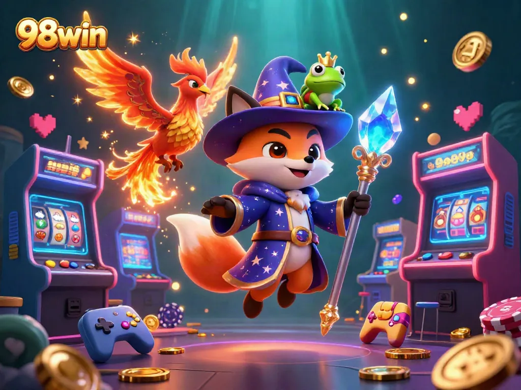 Engage with 98win's vibrant casino world through dynamic gaming elements and magical characters.