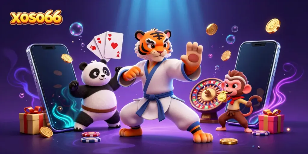 Experience the excitement of xoso66 with a playful kung fu tiger master, while a panda mimics the pose amidst casino elements.
