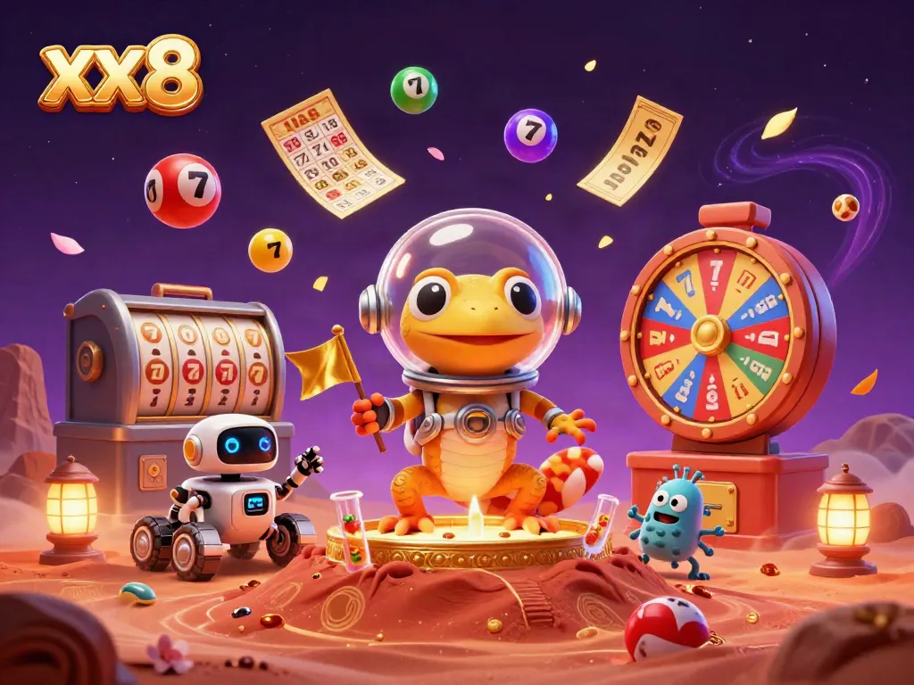 Engaging gambling scene with the Martian gecko discovering the vibrant xx8 casino amidst colorful gaming elements.