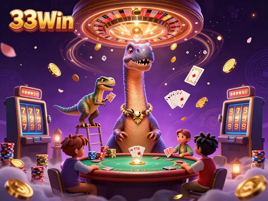 33Win captivates players with an engaging scene featuring towering dinosaurs and dynamic casino elements.