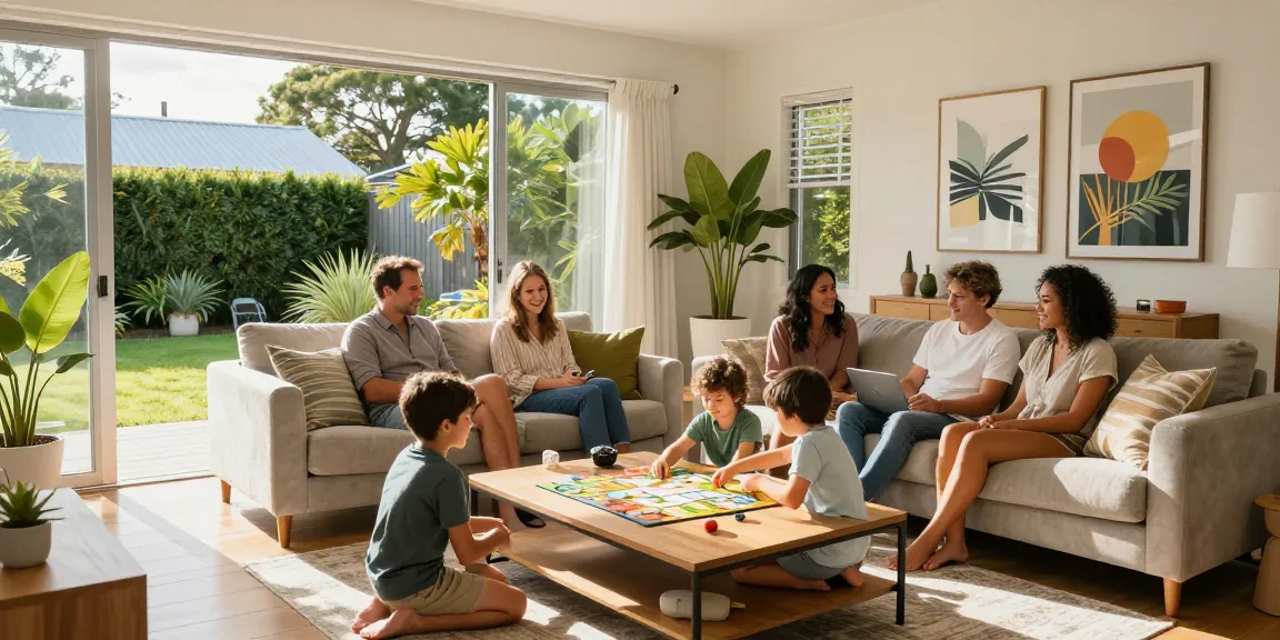 Auckland holiday-let management scene with a family enjoying their stay in a stylish holiday home filled with natural light.