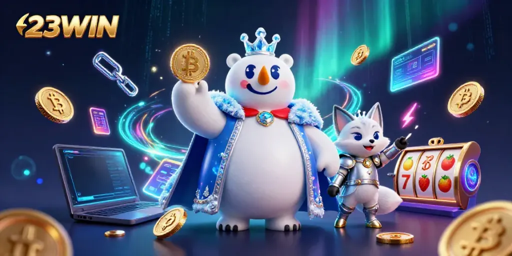 Experience gaming with 23WIN, featuring a polar bear king and fox, surrounded by cryptocurrency themes.