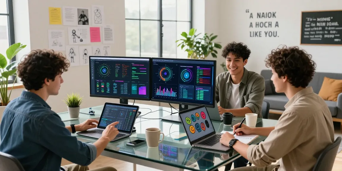 Engaging tech workspace showcasing a team collaborating on juicy ai projects with vibrant charts and models.