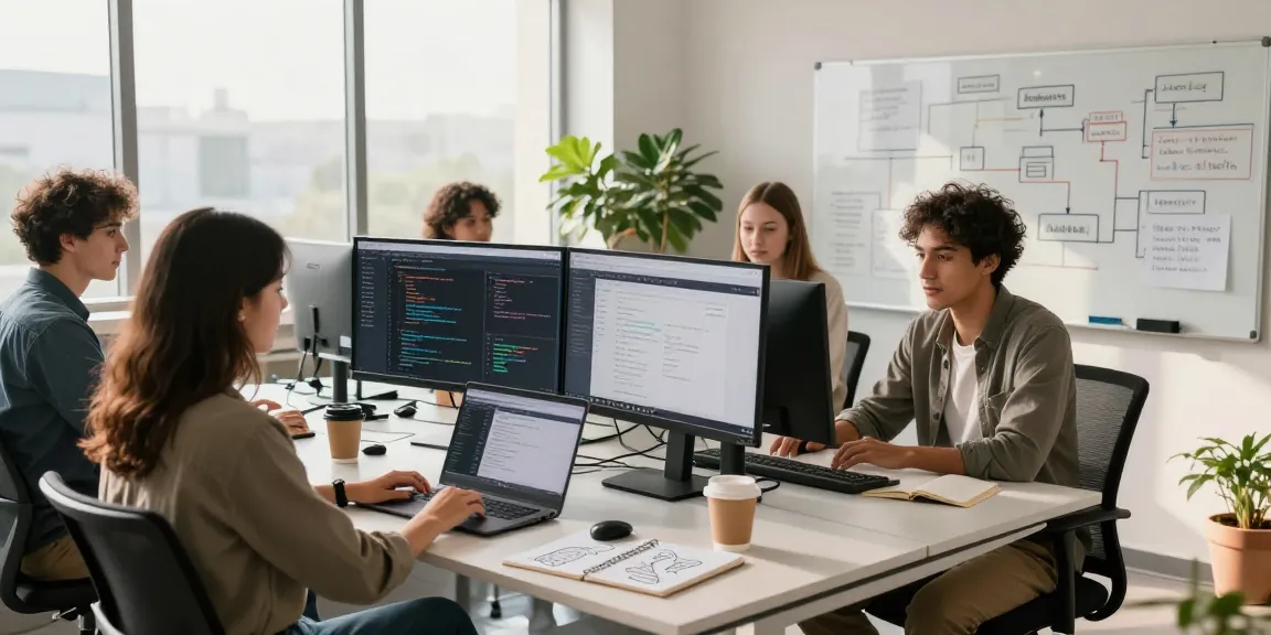 Build internal tools with AI as a team collaborates in a modern workspace, showcasing coding and project planning elements.