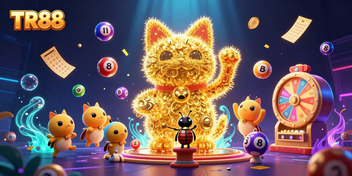 Experience the excitement of TR88 with a dynamic 3D illustration of a giant lucky cat and casino elements.