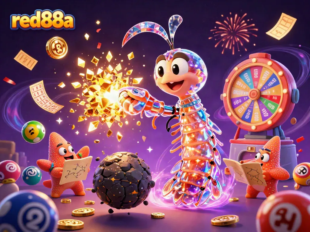 Experience the excitement of red88a with vibrant lottery symbols, coins, and dynamic game elements in a colorful, celebratory scene.