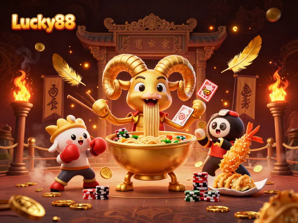 Play Lucky88 with vibrant characters in a dynamic casino scene filled with gold coins and excitement.
