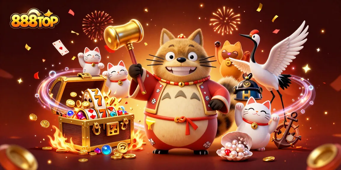 Engage with 888TOP's exciting slot reels adventure featuring lively tanuki, samurai crane, and waving fortune cats.