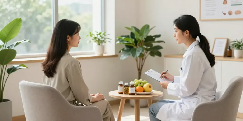 Nutritional Therapist London consulting with a client in a calming wellness space.