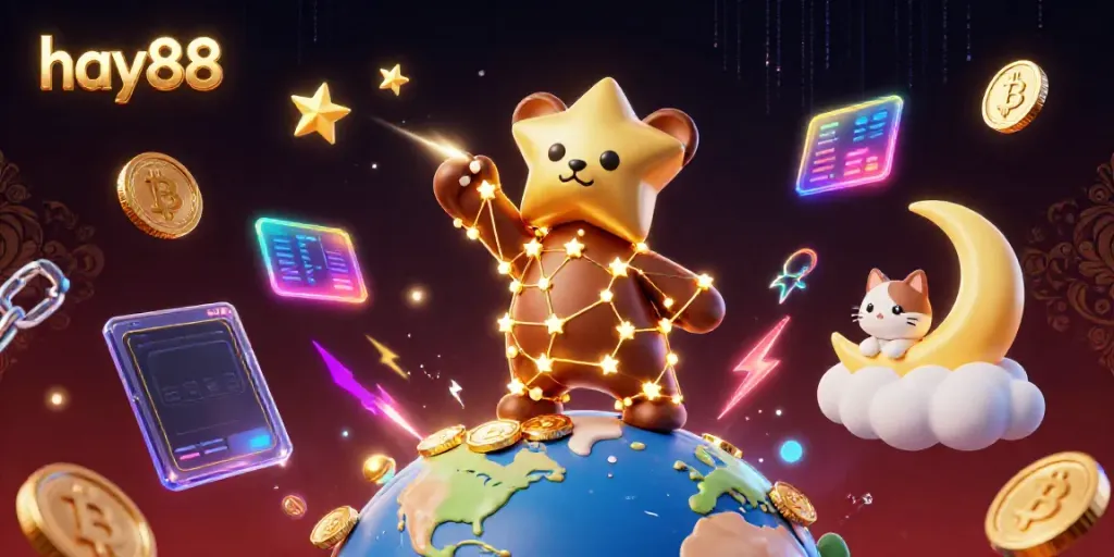 Experience the excitement of hay88 with a celestial bear collecting coins while surrounded by vibrant crypto elements.