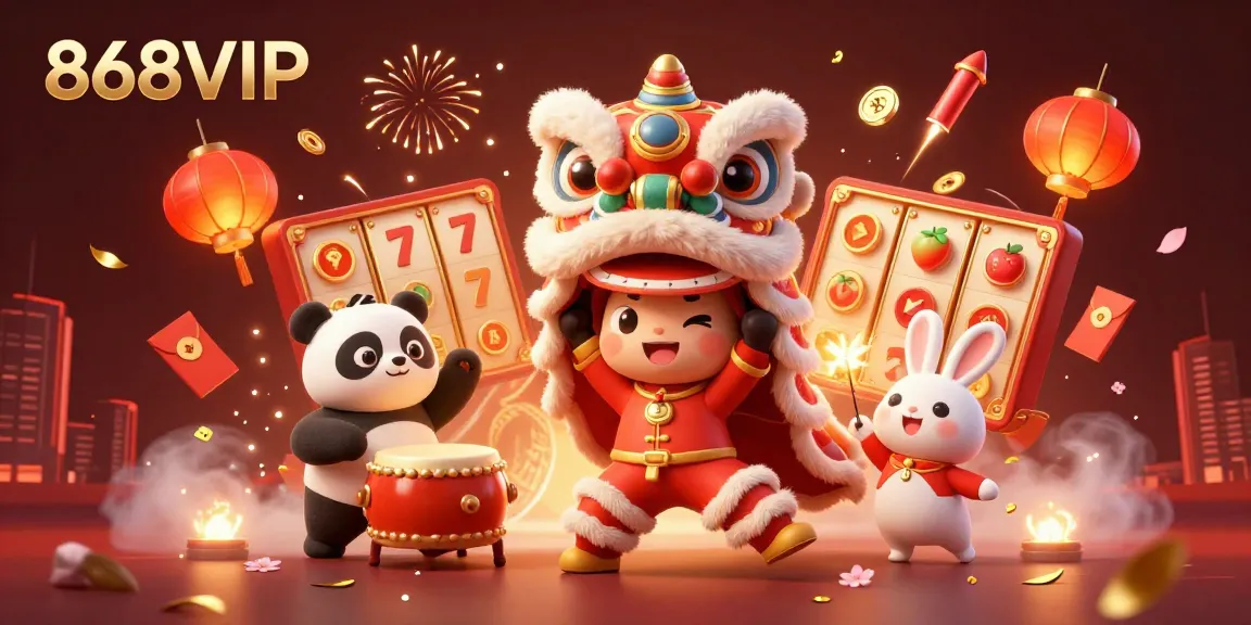 Engage with 868VIP as adorable characters dance surrounded by vibrant casino games and rich decorations.