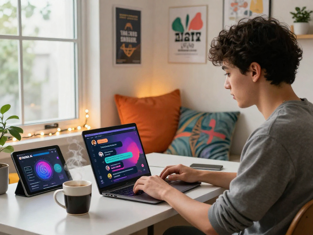 Engaging in nsfw ai chat in a cozy home office with vibrant decor.