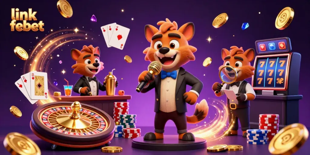 Join the fun at link febet in this vibrant 3D casino scene featuring hyenas interacting amid sparkling gems and golden coins.
