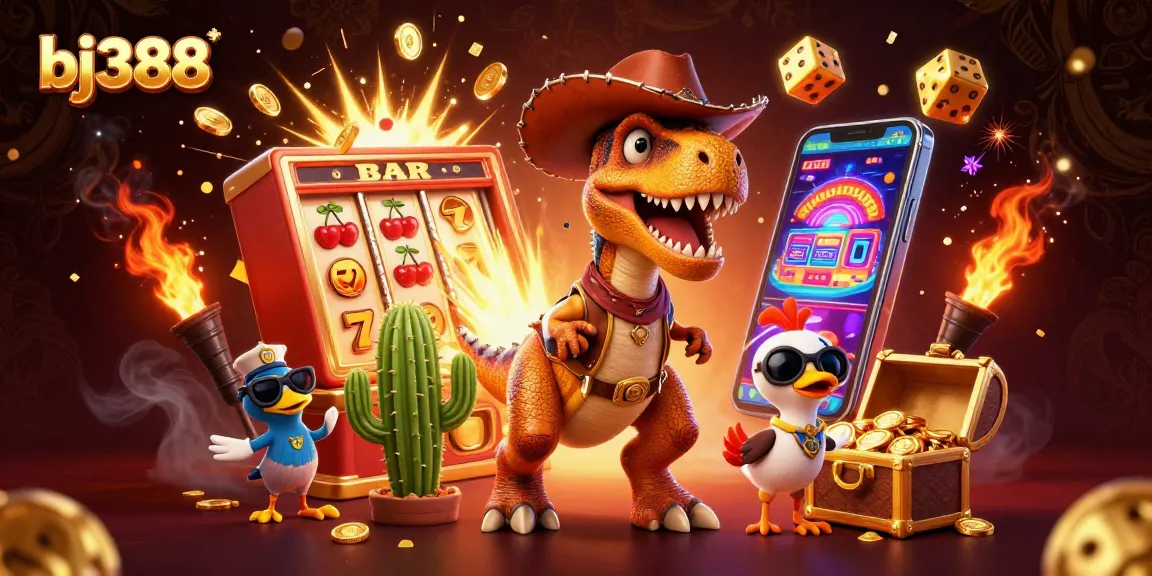 Experience thrilling betting action at bj388 with a dynamic 3D scene featuring colorful slot machines and friendly characters.