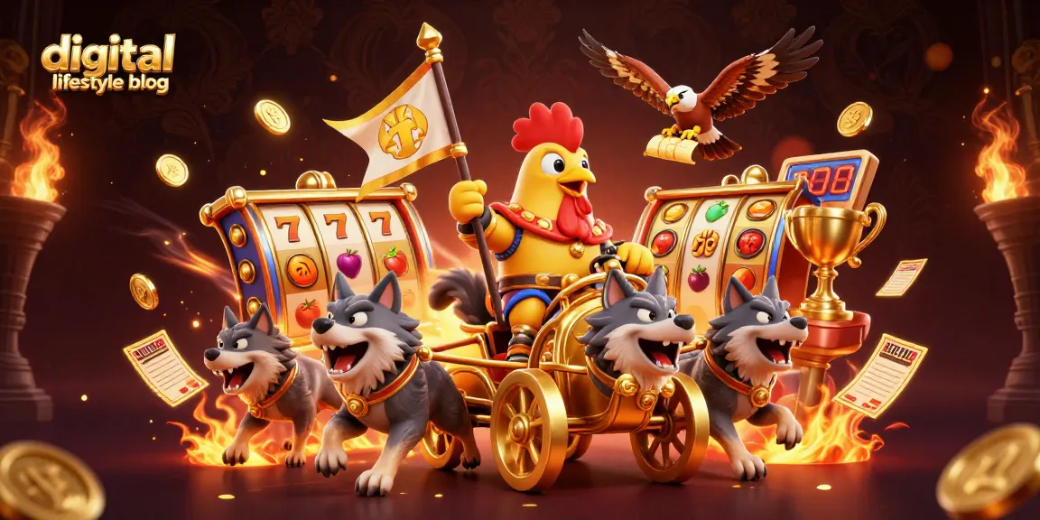 Engage with a vibrant digital lifestyle blog featuring a dynamic casino scene with a rooster warlord, slot reels, and gold coins.