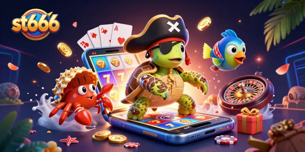 Engage with st666 in this lively scene featuring a pirate turtle and gaming elements.