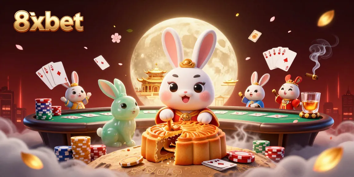 Experience thrilling 8xbet poker action with playful moon rabbits surrounded by vibrant casino elements.