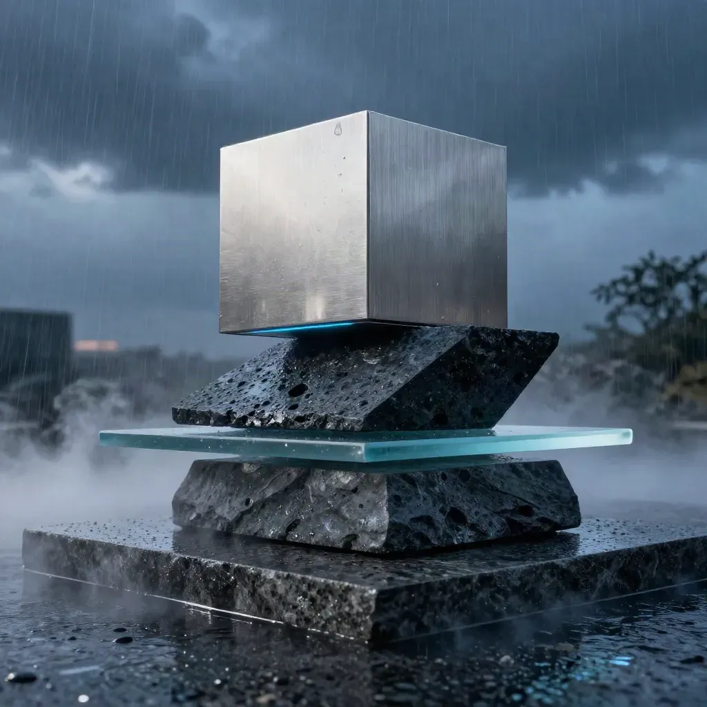 Brushed aluminium cube, basalt wedge and frosted glass slab on rain-dark stone in blue hour mist.