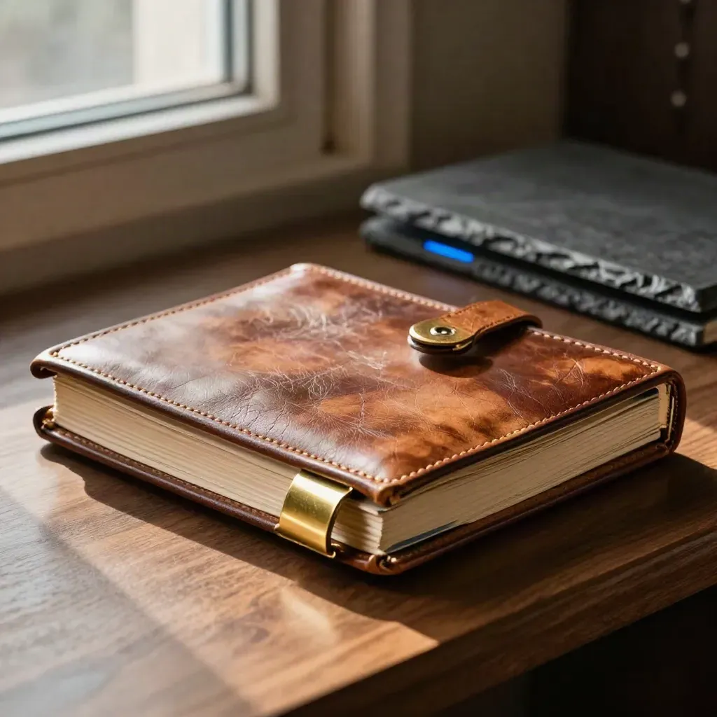 Leather ledger, brass clips, and slate block on a walnut bench with moody blue glint.