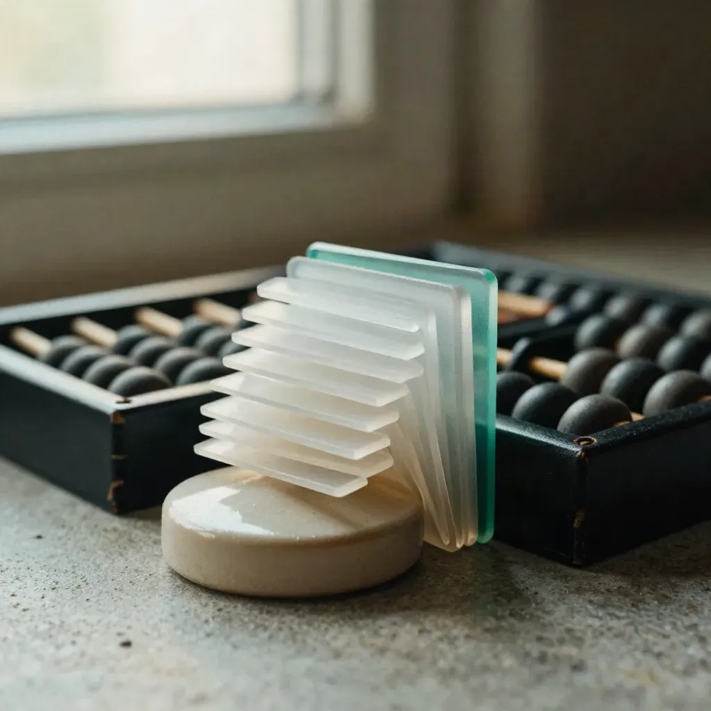Macro still life of forecast tabs, abacus and ceramic weight on stone.