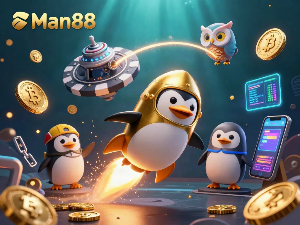 Experience thrilling gaming at Man88 with rocket-powered penguins and floating crypto coins.