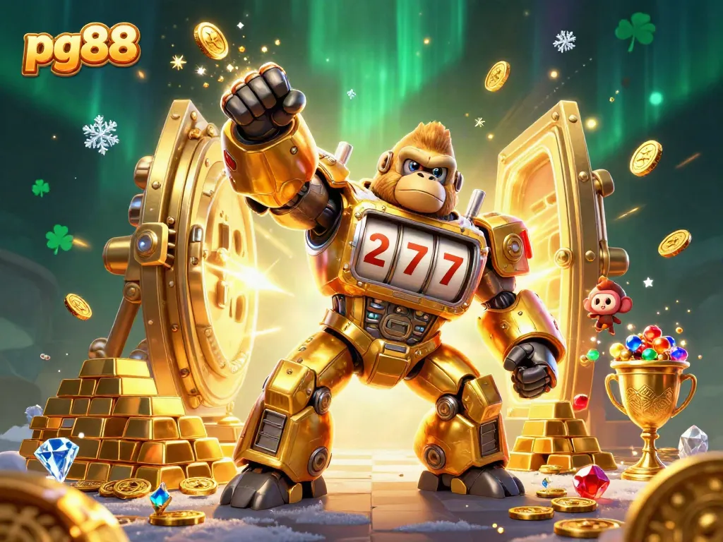 Engage in thrilling play at pg88 with a vibrant 3D scene of a golden gorilla mech and treasure bursting forth.