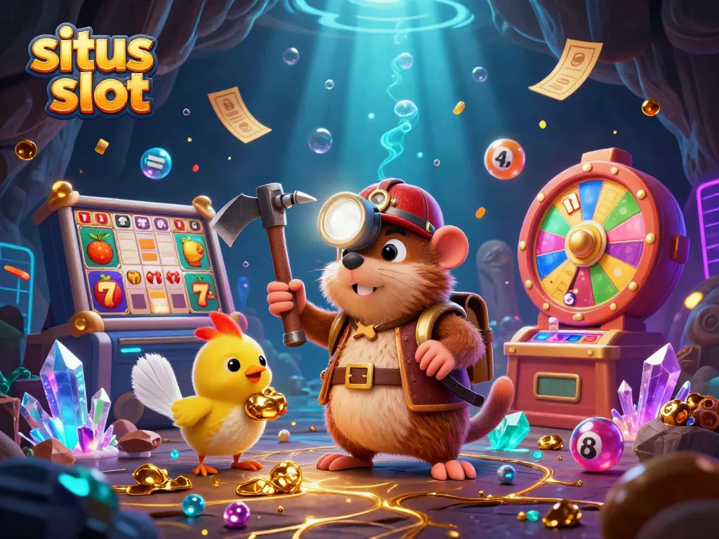 Engage with situs slot gaming, illustrated by a treasure hunter mole in a vibrant slot environment.
