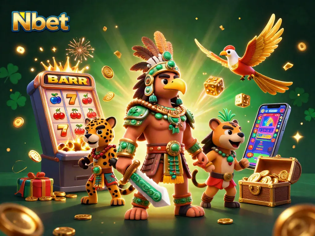 Win big at Nbet with a dynamic casino scene featuring Aztec warriors and thrilling game elements.