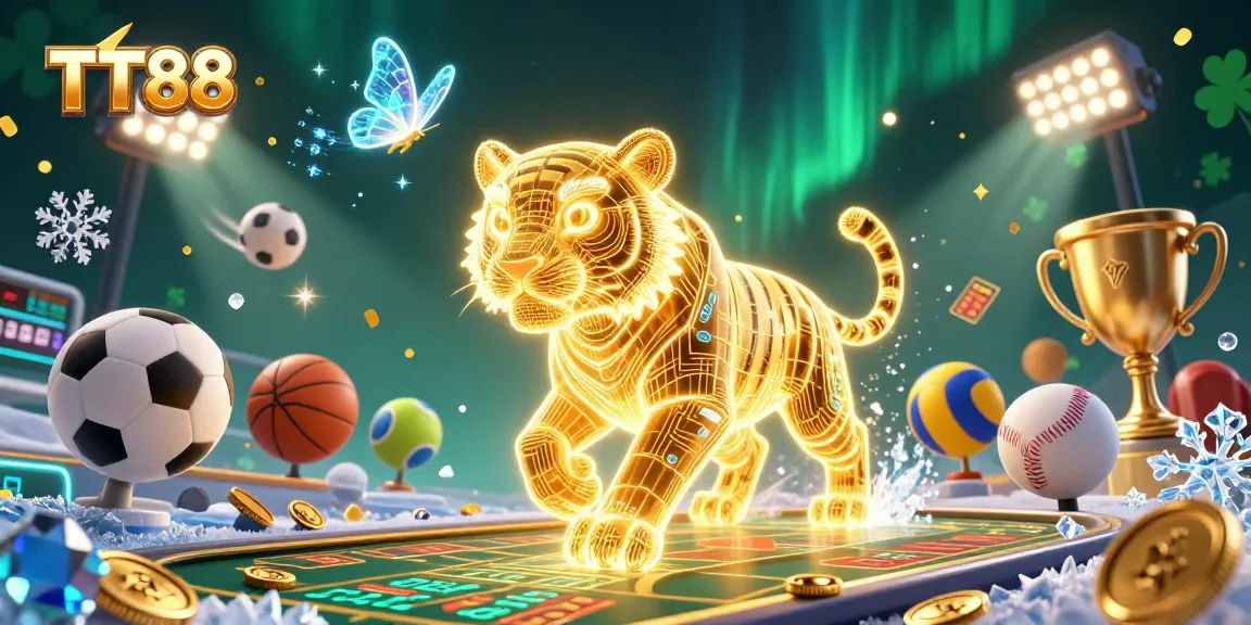 Experience exhilarating gaming moments with TT88's vibrant casino setting featuring a neon tiger and sports elements.
