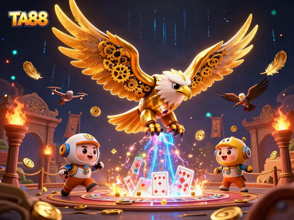 TA88 players betting in a vibrant casino atmosphere, showcasing cybernetic golden eagle and holographic cards.