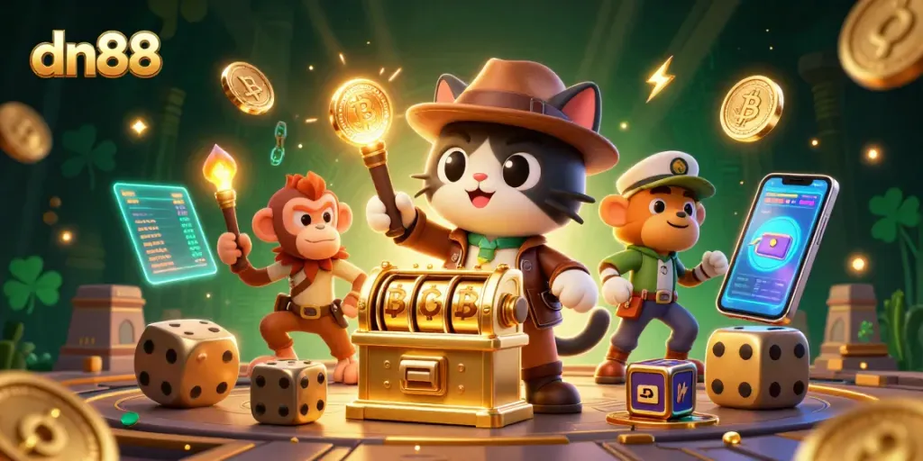 Win at dn88 with a captivating 3D scene featuring a cat explorer discovering a golden slot machine artifact surrounded by vibrant crypto elements.