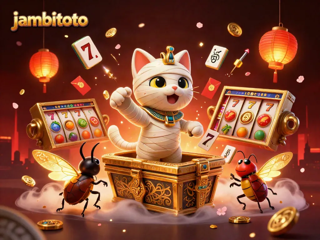 Engage in thrilling slots action with jambitoto's 3D mummy cat and vibrant casino elements.