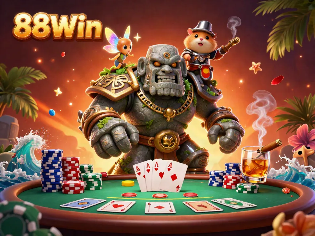 Experience excitement with 88Win in a vibrant poker scene featuring a mystical golem and captivating fairy.