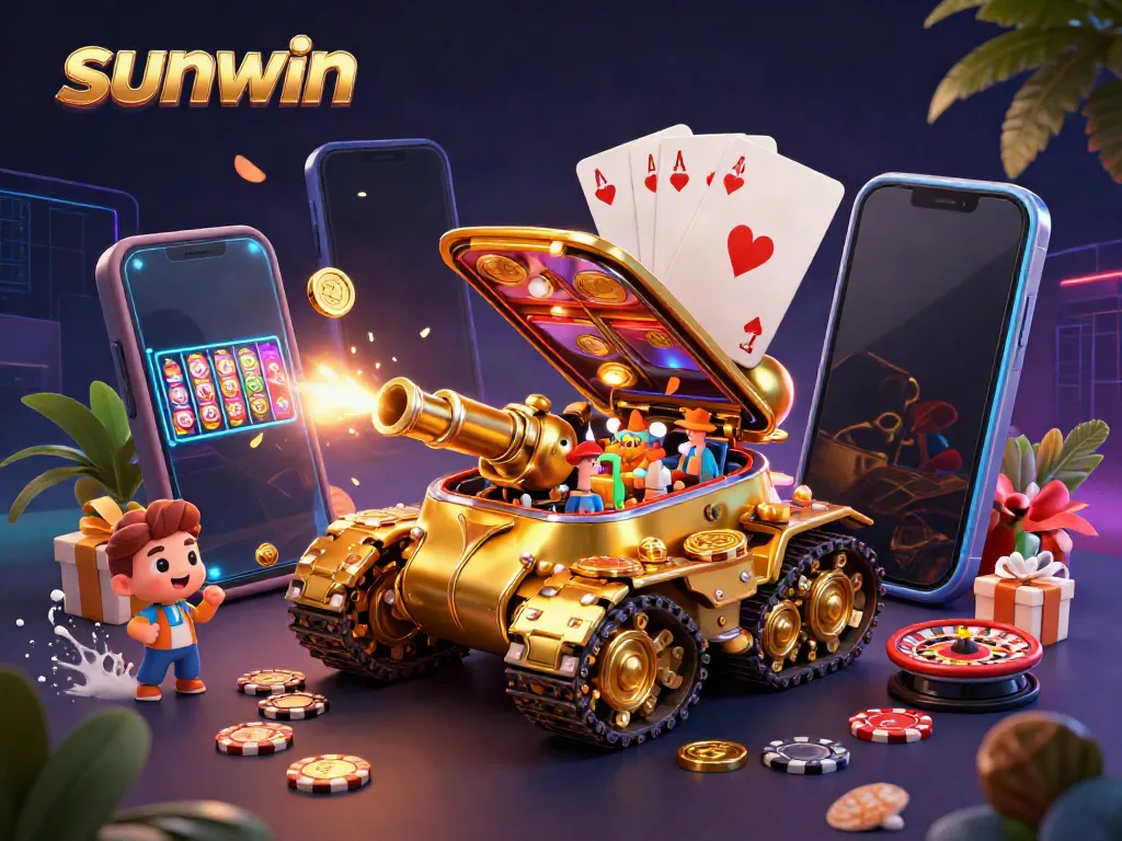 Experience the excitement of sunwin with golden tanks, slot games, and casino elements bursting into view.