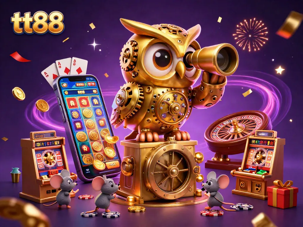 Enjoy thrilling gaming moments at tt88 with a vibrant casino scene featuring spinning reels and golden coins bursting from a smartphone.